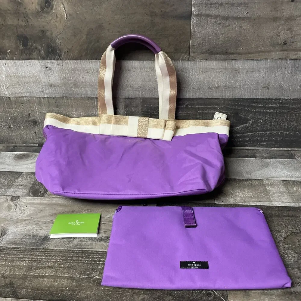 KATE SPADE Barrow Street Bon Nylon Shopper Tote Purse- Violet/Cream/Gold w/ Bow